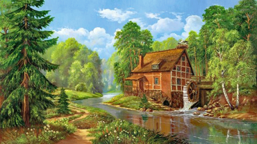 Репродукция "Домик в лесу с аистами"