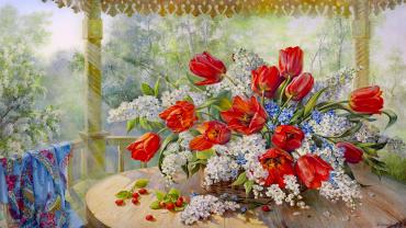 Репродукция "Тюльпаны и сирень"