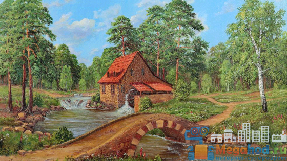 Репродукция "Домик с водяной мельницей у реки" от магазина мебели MegaHod.ru